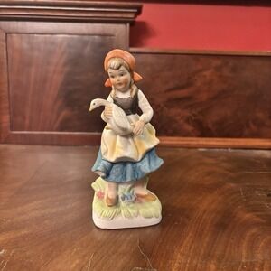 Vintage Norleans Porcelain Farm Girl Figurine w White Goose Brick Wall Taiwan 6"